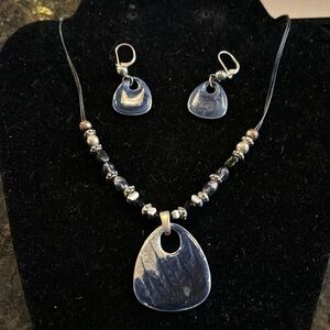 Silver Tone Blue Metal Necklace Earring set